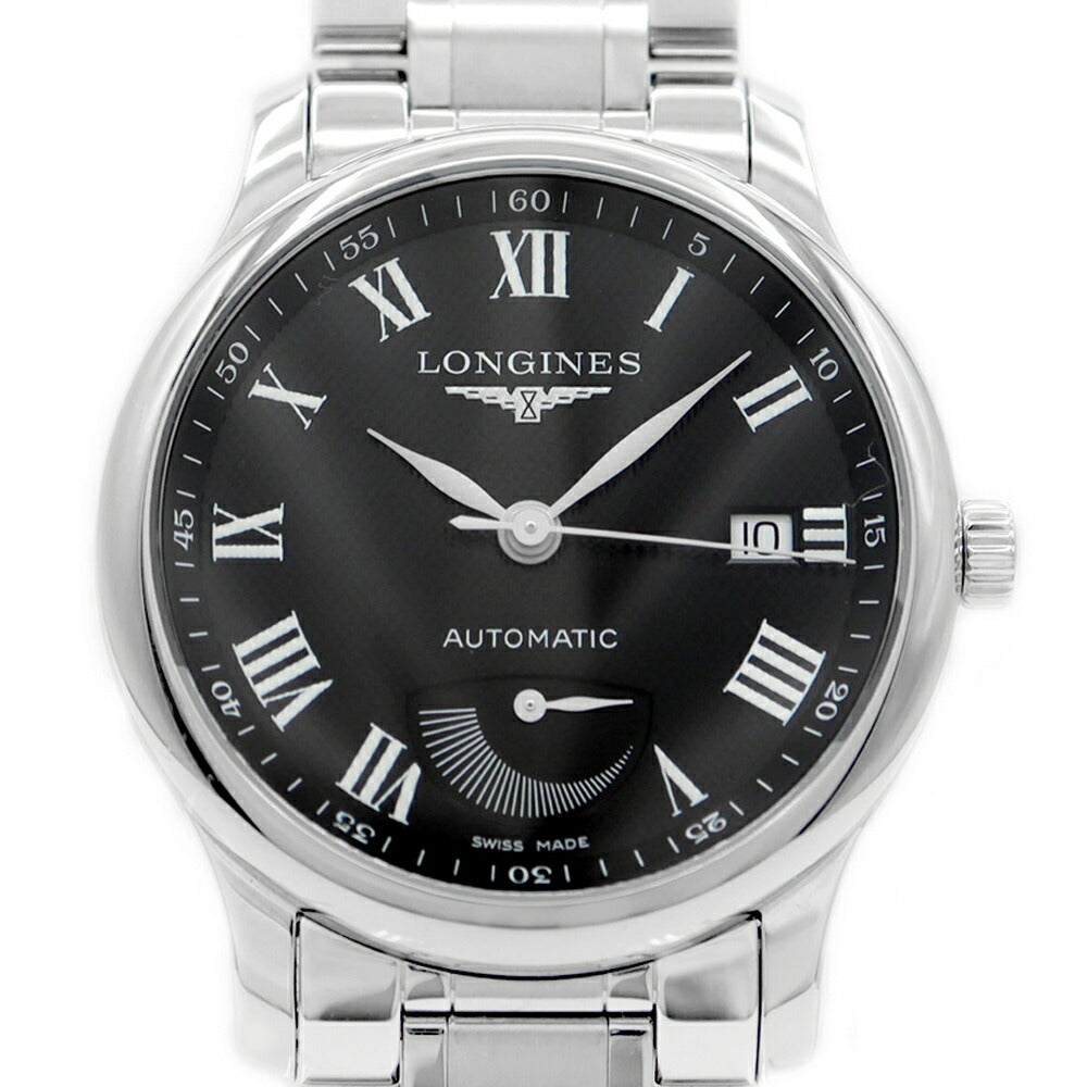 内部点検済 LONGINES ロンジン マスターコレクション パワーリザーブ L2.708.4 デイト 30m防水 裏スケ 黒 ブラック SS ステンレス メンズ 自動巻き【6ヶ月保証】【腕時計】【中古】
