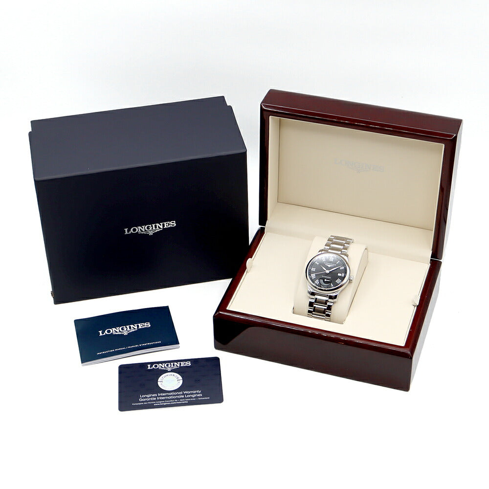 内部点検済 LONGINES ロンジン マスターコレクション パワーリザーブ L2.708.4 デイト 30m防水 裏スケ 黒 ブラック SS ステンレス メンズ 自動巻き【6ヶ月保証】【腕時計】【中古】