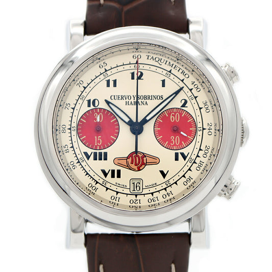 CUERVO Y SOBRINOS Torpedo Tour de España Chronograph 3022 Date Ivory SS Stainless Steel Genuine Buckle Men's Automatic Winding [6 Month Warranty] [Watch] [Used]