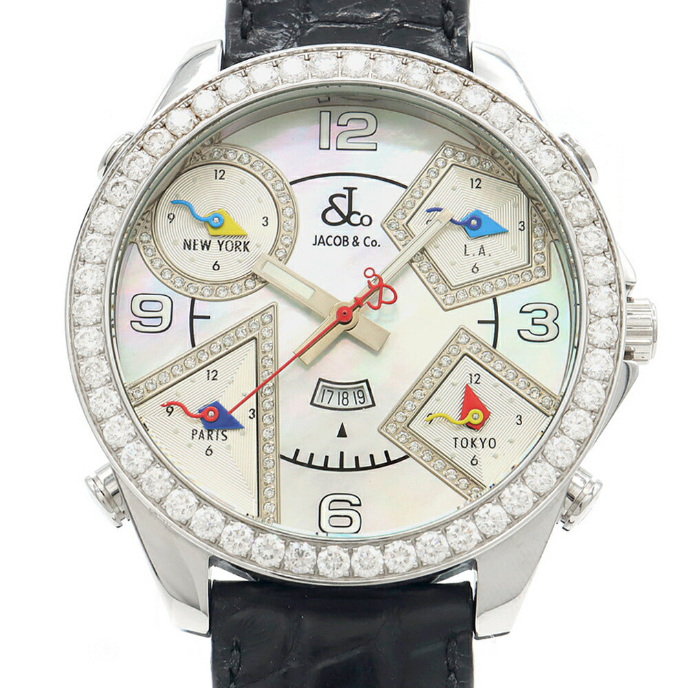Battery replaced JACOB&Co. Jacob Five Time Zone Diamond Bezel JC-14DAD Diamond White White Shell SS Stainless Steel Genuine Belt Genuine Buckle Men's Quartz 5 Time [6 Month Warranty] [Watch] [Used]