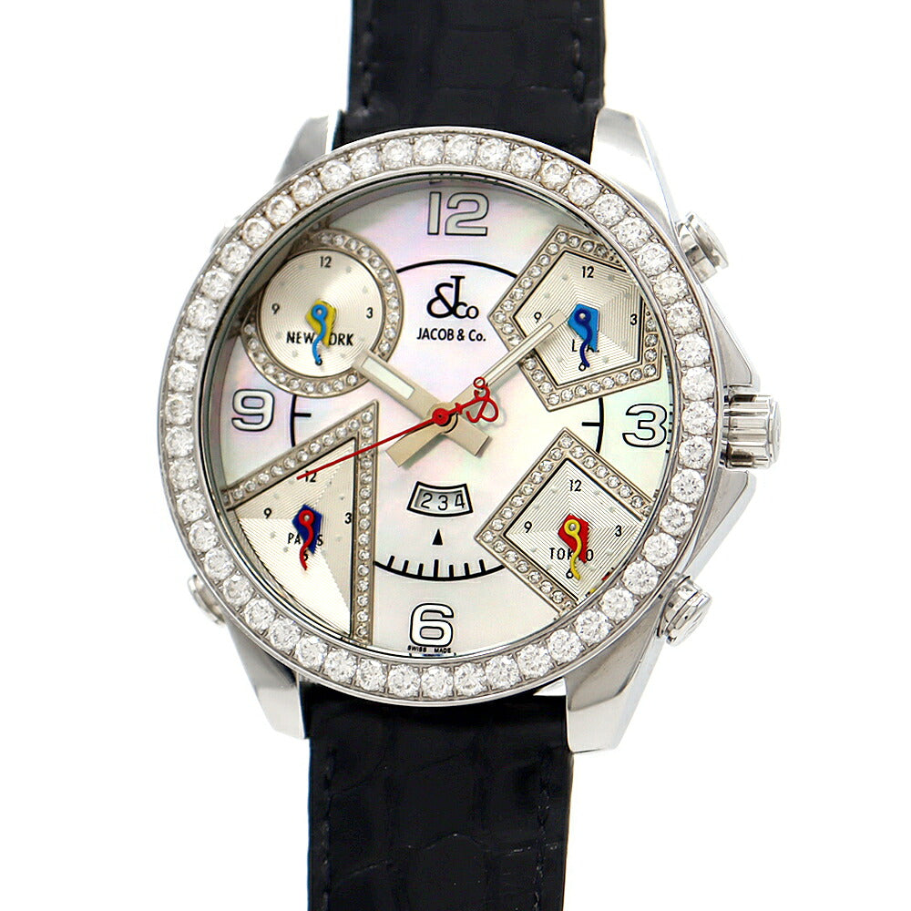 Battery replaced JACOB&Co. Jacob Five Time Zone Diamond Bezel JC-14DAD Diamond White White Shell SS Stainless Steel Genuine Belt Genuine Buckle Men's Quartz 5 Time [6 Month Warranty] [Watch] [Used]