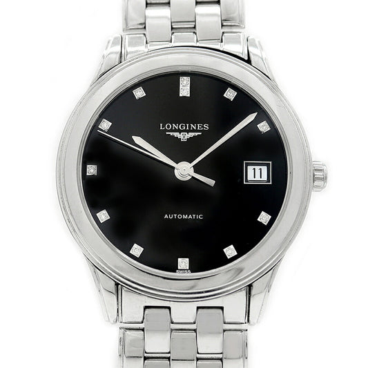 LONGINES ロンジン フラッグシップ 12Pダイヤ L4.774.4.57.6 ダイヤモンド 裏スケ デイト 30m防水 黒 ブラック SS ステンレス メンズ 自動巻き【6ヶ月保証】【腕時計】【中古】