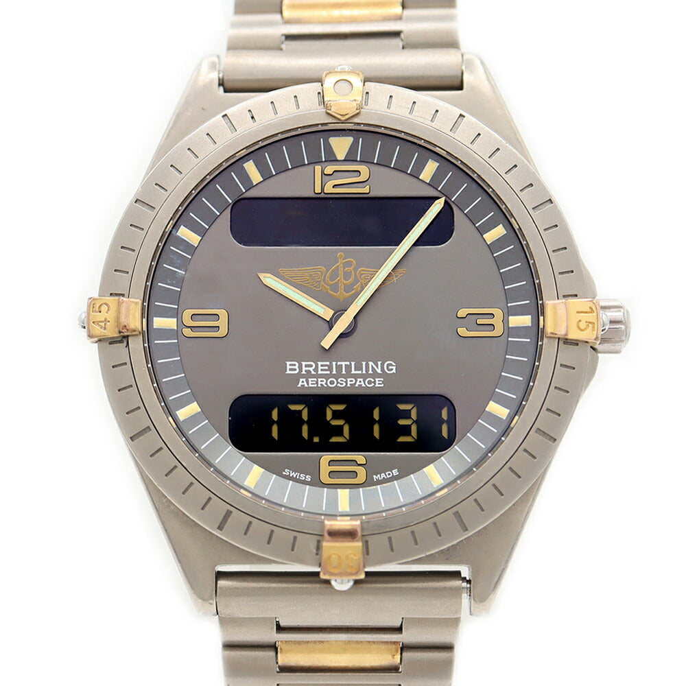 電池交換済 BREITLING ブライトリング エアロスペース F56060 デイト グレー Ti チタン YG イエローゴールド コンビ メンズ デジアナ クォーツ【6ヶ月保証】【腕時計】【中古】