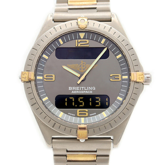 電池交換済 BREITLING ブライトリング エアロスペース F56060 デイト グレー Ti チタン YG イエローゴールド コンビ メンズ デジアナ クォーツ【6ヶ月保証】【腕時計】【中古】