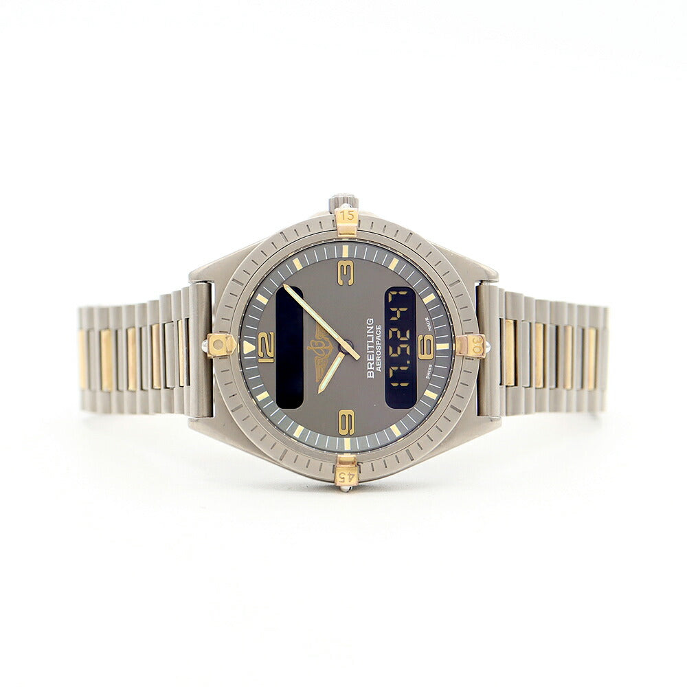 電池交換済 BREITLING ブライトリング エアロスペース F56060 デイト グレー Ti チタン YG イエローゴールド コンビ メンズ デジアナ クォーツ【6ヶ月保証】【腕時計】【中古】