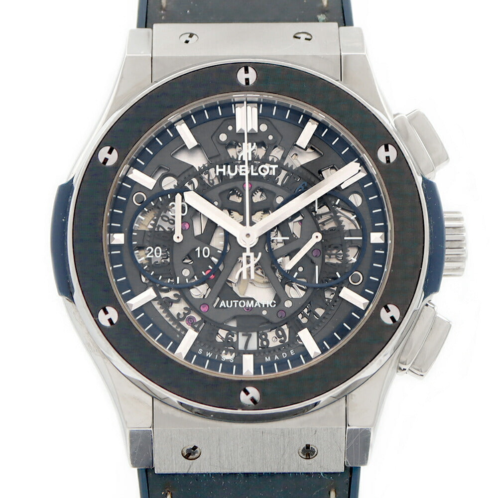 HUBLOT ウブロ クラシックフュージョン アエロフュージョン クロノグラフ チタニウム ブルーカーボン 田中将大モデル 日本限定88本 525.NQ.0120.QR.MTK17 デイト グレー スケルトン Ti チタン SS ステンレス 純正ベルト 純正尾錠 メンズ 自動巻き【6ヶ月保証】【腕時計】【中古】