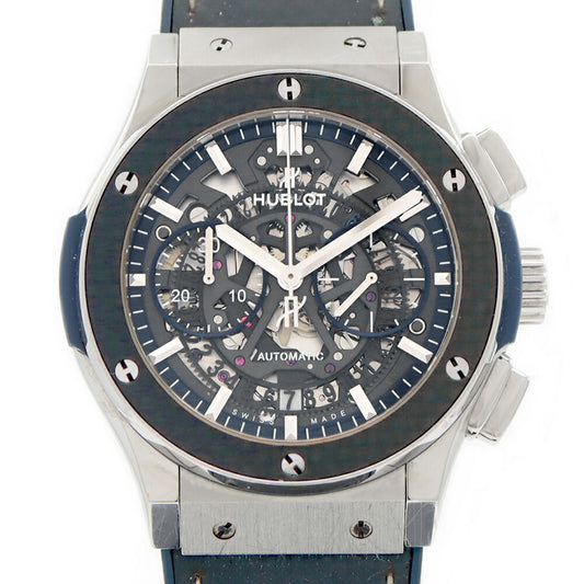 HUBLOT ウブロ クラシックフュージョン アエロフュージョン クロノグラフ チタニウム ブルーカーボン 田中将大モデル 日本限定88本 525.NQ.0120.QR.MTK17 デイト グレー スケルトン Ti チタン SS ステンレス 純正ベルト 純正尾錠 メンズ 自動巻き【6ヶ月保証】【腕時計】【中古】