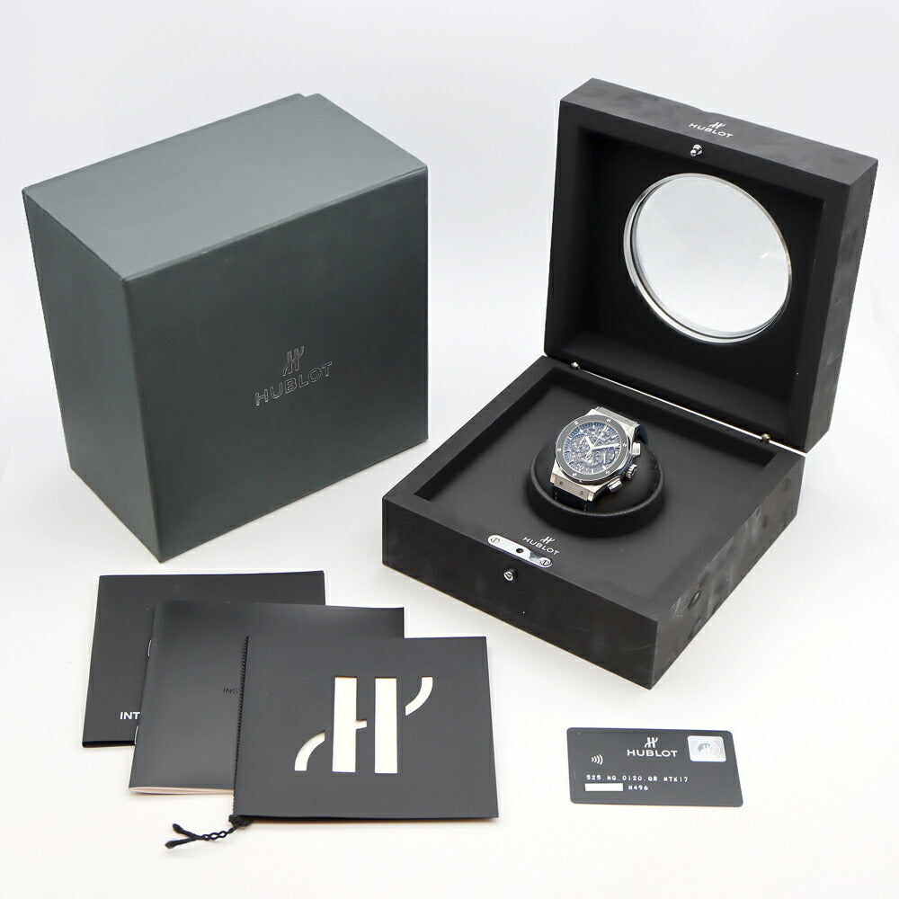 HUBLOT ウブロ クラシックフュージョン アエロフュージョン クロノグラフ チタニウム ブルーカーボン 田中将大モデル 日本限定88本 525.NQ.0120.QR.MTK17 デイト グレー スケルトン Ti チタン SS ステンレス 純正ベルト 純正尾錠 メンズ 自動巻き【6ヶ月保証】【腕時計】【中古】