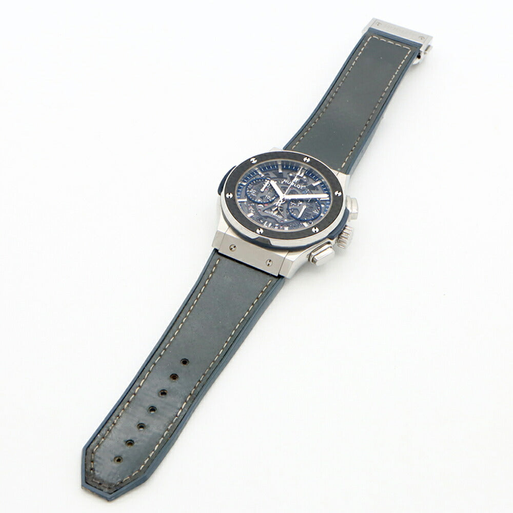 HUBLOT ウブロ クラシックフュージョン アエロフュージョン クロノグラフ チタニウム ブルーカーボン 田中将大モデル 日本限定88本 525.NQ.0120.QR.MTK17 デイト グレー スケルトン Ti チタン SS ステンレス 純正ベルト 純正尾錠 メンズ 自動巻き【6ヶ月保証】【腕時計】【中古】