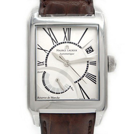 MAURICE LACROIX モーリスラクロア ポントス レクタンギュラー パワーリザーブ PT6157 デイト 裏スケ 50m防水 シルバー SS ステンレス 純正ベルト 純正尾錠 メンズ 自動巻き【6ヶ月保証】【腕時計】【中古】