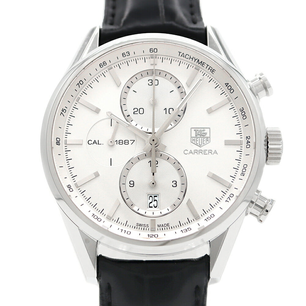 TAG Heuer タグホイヤー カレラ キャリバー1887 クロノグラフ CAR2111.FC6266 デイト 100m防水 裏スケ スモールセコンド シルバー SS ステンレス 純正ベルト 純正尾錠 メンズ 自動巻き【6ヶ月保証】【腕時計】【中古】