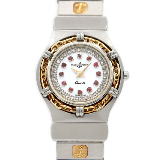 電池交換済 ULYSSE NARDIN ユリスナルダン ラ チェーン 84.21 ダイヤモンド サークルダイヤ 12Pルビー 50m防水 白 ホワイト YG イエローゴールド SS ステンレス コンビ レディース クォーツ【6ヶ月保証】【腕時計】【中古】