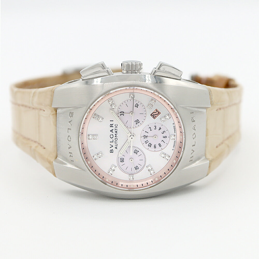 BVLGARI ブルガリ エルゴン クロノグラフ EG35SCH ダイヤモンド 21Pダイヤ デイト ピンクシェル SS ステンレス 純正ベルト 純正尾錠 メンズ レディース ボーイズ 自動巻き【6ヶ月保証】【腕時計】【中古】