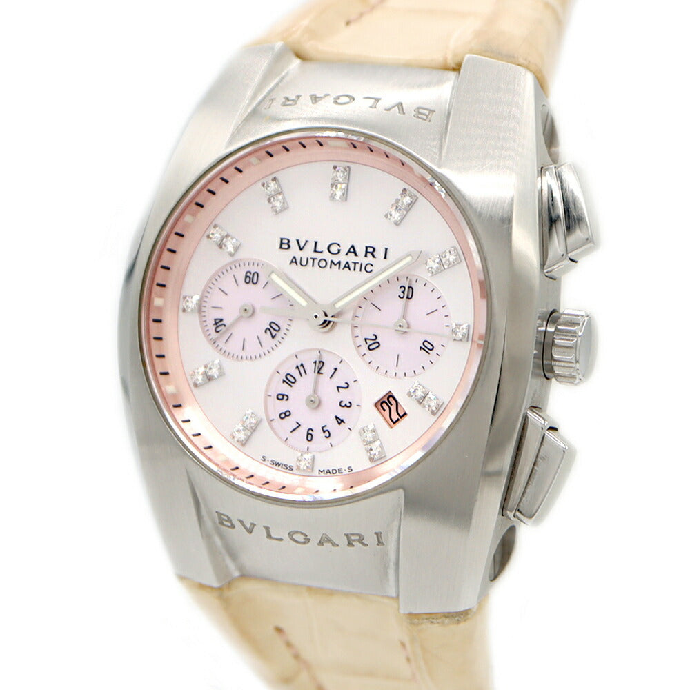 BVLGARI ブルガリ エルゴン クロノグラフ EG35SCH ダイヤモンド 21Pダイヤ デイト ピンクシェル SS ステンレス 純正ベルト 純正尾錠 メンズ レディース ボーイズ 自動巻き【6ヶ月保証】【腕時計】【中古】