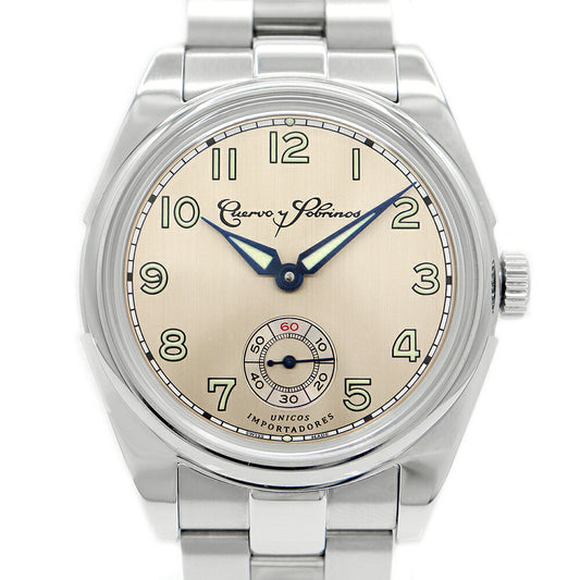 Internally inspected CUERVO Y SOBRINOS Robusto Sans Souci 3162B-1A 50m Water Resistant Small Seconds Beige SS Stainless Steel Men's Automatic Winding [6 Month Warranty] [Watch] [Used]