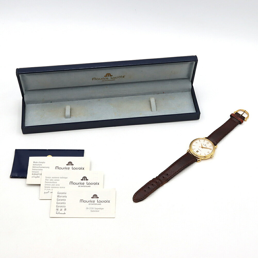 MAURICE LACROIX モーリスラクロア 11407 デイト 裏スケ 白 ホワイト YGP イエローゴールド 純正尾錠 メンズ 自動巻き【6ヶ月保証】【腕時計】【中古】