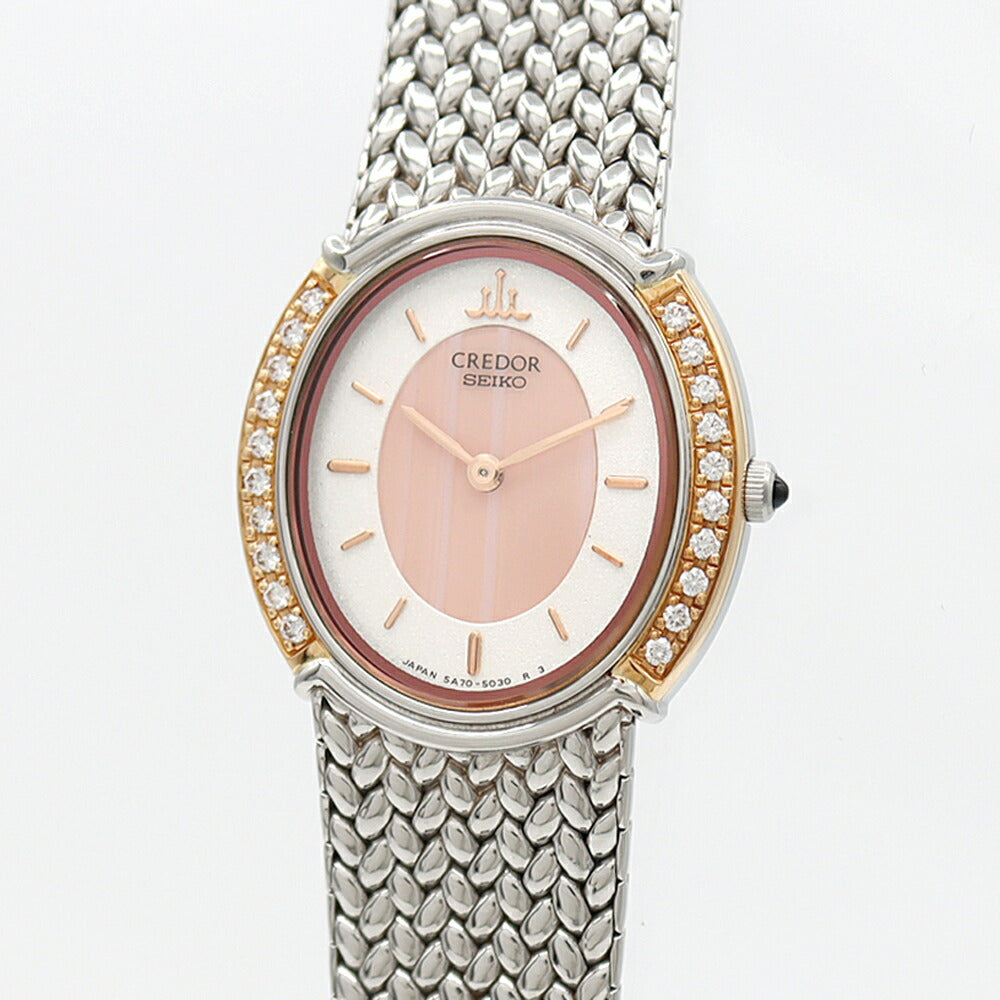 電池交換済 SEIKO セイコー クレドール ダイヤベゼル 5A70-3000 ダイヤモンド サードニクス ピンク シルバー K18PG ピンクーゴールド SS ステンレス コンビ レディース クォーツ【6ヶ月保証】【腕時計】【中古】
