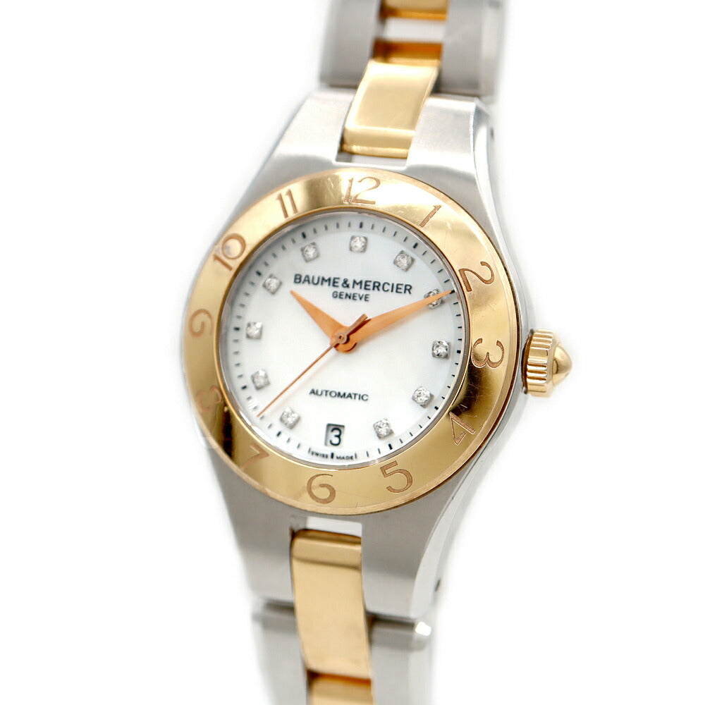 BAUME&MERCIER ボーム&メルシェ リネア 65740 ダイヤモンド 11Pダイヤ デイト 白 ホワイトシェル YG イエローゴールド SS ステンレス コンビ レディース 自動巻き【6ヶ月保証】【腕時計】【中古】