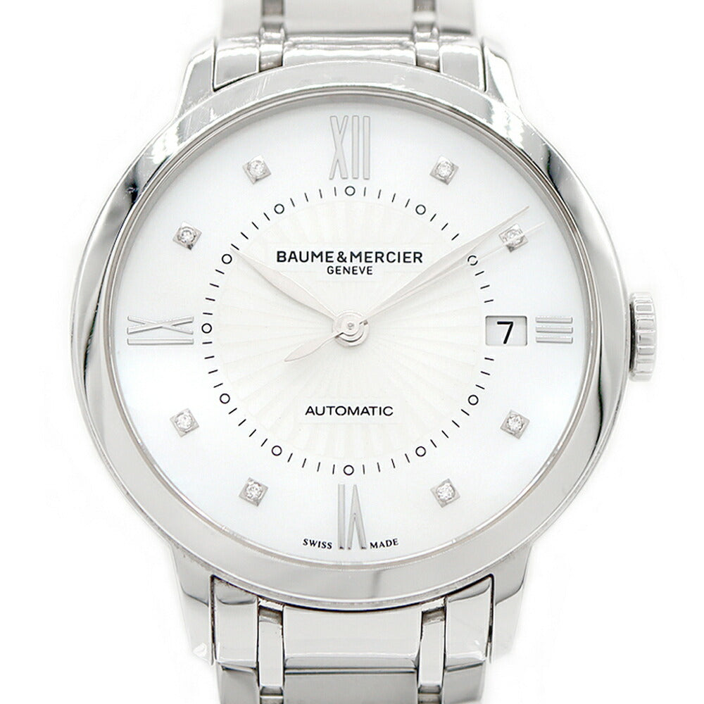 BAUME&MERCIER ボーム&メルシェ クラシマ M0A10221 ダイヤモンド 8Pダイヤ デイト 裏スケ 白 ホワイトシェル SS ステンレス メンズ レディース ボーイズ 自動巻き【6ヶ月保証】【腕時計】【中古】