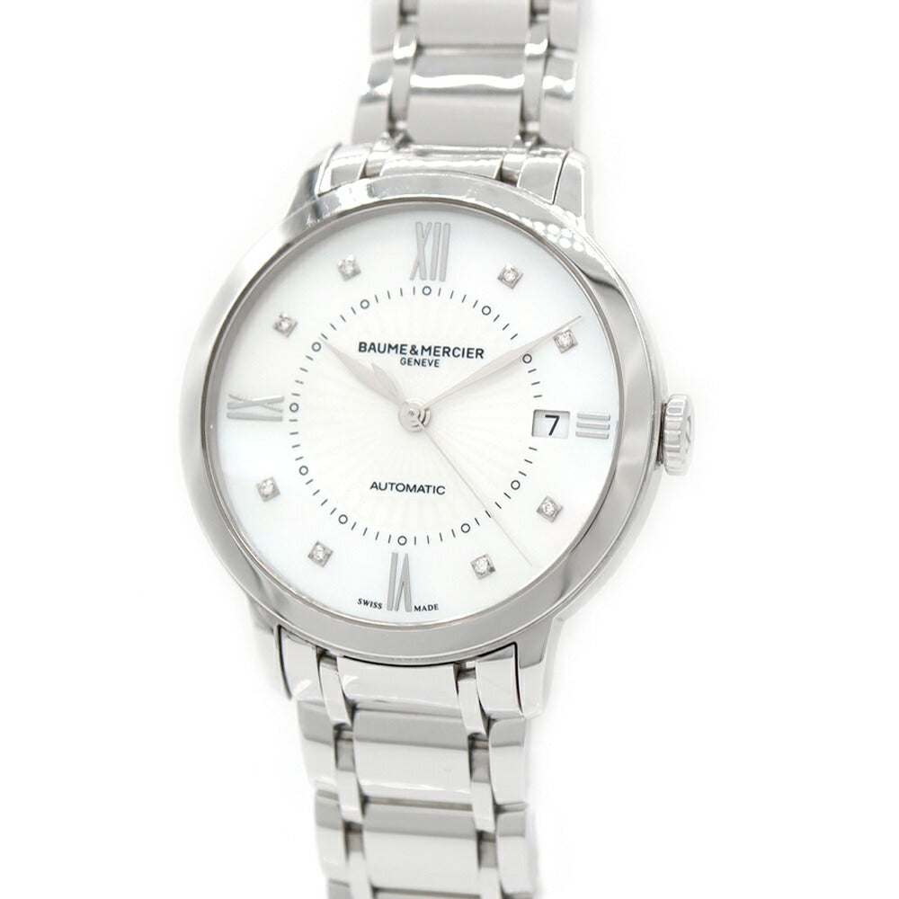 BAUME&MERCIER ボーム&メルシェ クラシマ M0A10221 ダイヤモンド 8Pダイヤ デイト 裏スケ 白 ホワイトシェル SS ステンレス メンズ レディース ボーイズ 自動巻き【6ヶ月保証】【腕時計】【中古】