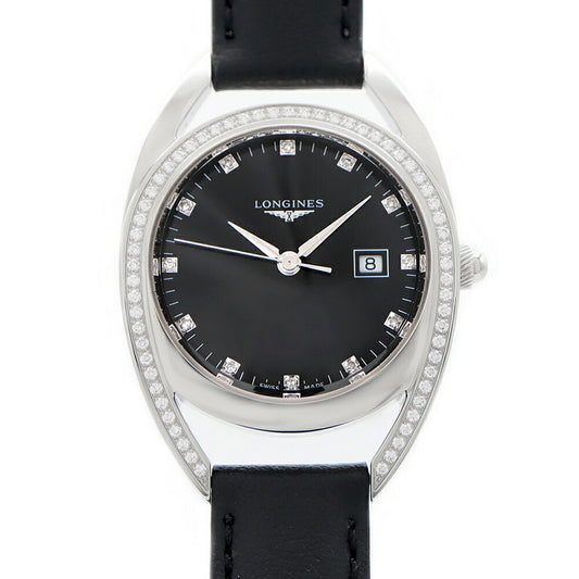 Battery replaced LONGINES Equestrian Horseshoe Diamond Bezel L6.137.0 Genuine Diamond 12P Diamond Date Black SS Stainless Steel Genuine Belt Genuine Buckle Ladies Quartz Equestrian [6 Month Warranty] [Watch] [Used]