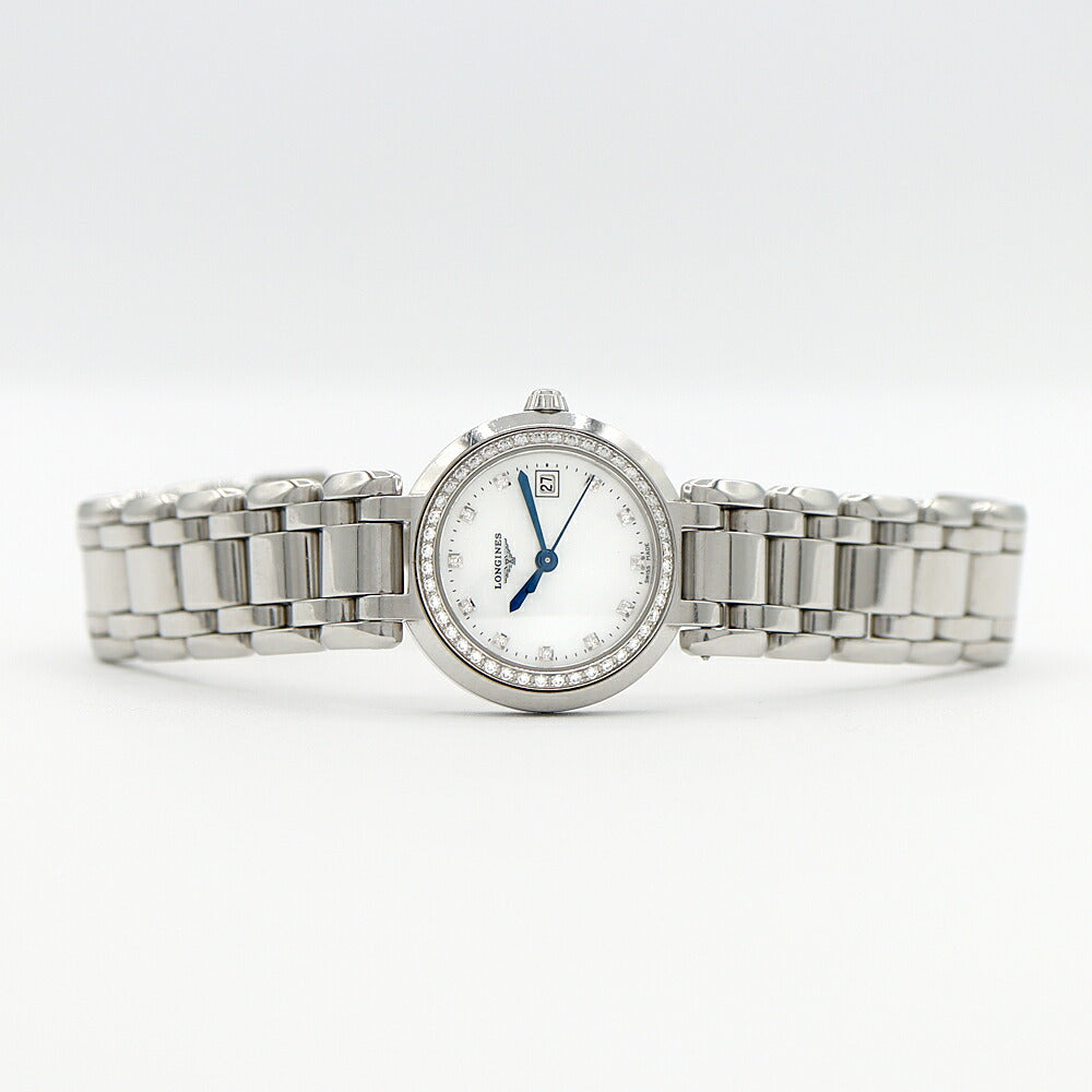 電池交換済 LONGINES ロンジン プリマルナ ダイヤベゼル L8.110.0 ダイヤモンド 11Pダイヤ デイト 白 ホワイトシェル SS ステンレス レディース クォーツ【6ヶ月保証】【腕時計】【中古】