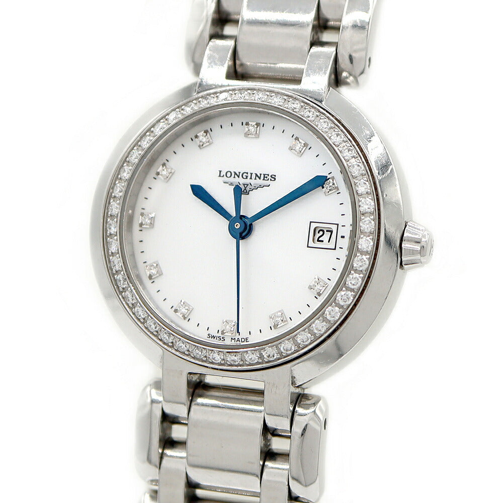 電池交換済 LONGINES ロンジン プリマルナ ダイヤベゼル L8.110.0 ダイヤモンド 11Pダイヤ デイト 白 ホワイトシェル SS ステンレス レディース クォーツ【6ヶ月保証】【腕時計】【中古】