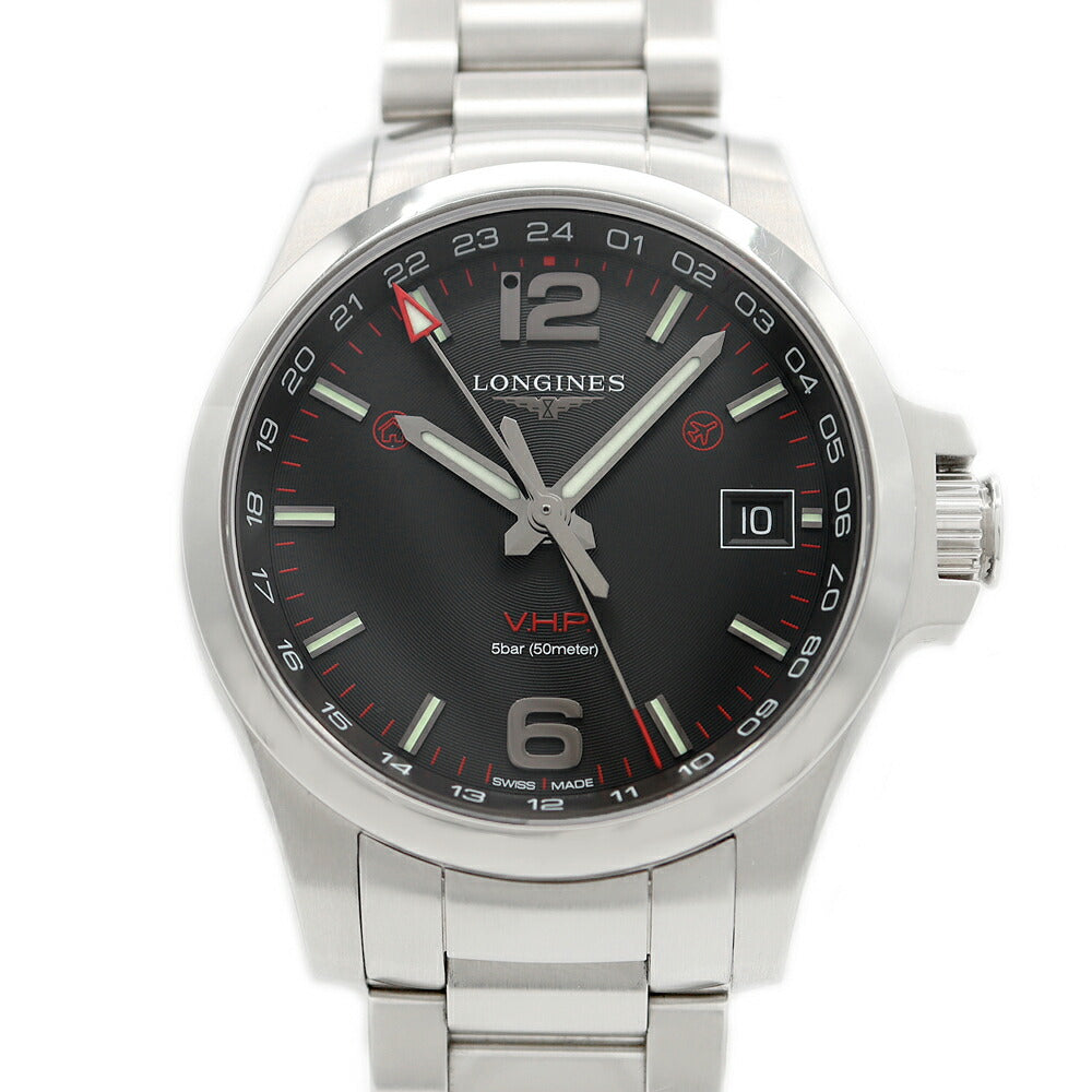 LONGINES ロンジン コンクエスト V.H.P GMT パーペチュアルカレンダー L3.718.4.56.6 デイト 50m防水 黒 ブラック SS ステンレス メンズ クォーツ【1ヶ月保証】【腕時計】【中古】