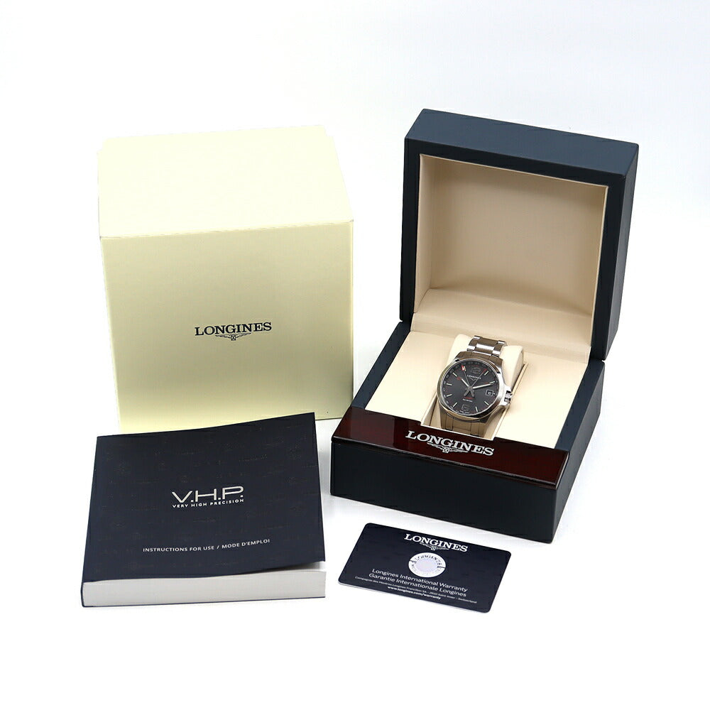 LONGINES ロンジン コンクエスト V.H.P GMT パーペチュアルカレンダー L3.718.4.56.6 デイト 50m防水 黒 ブラック SS ステンレス メンズ クォーツ【1ヶ月保証】【腕時計】【中古】