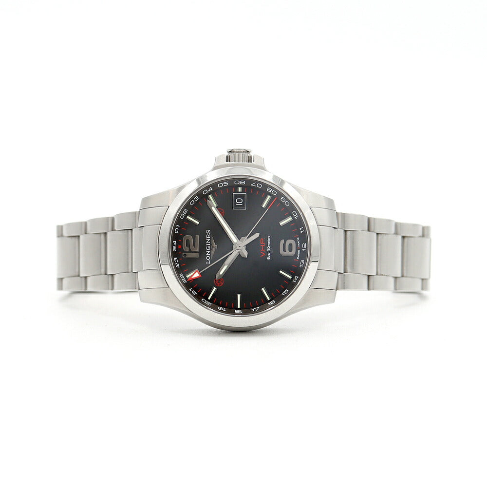 LONGINES ロンジン コンクエスト V.H.P GMT パーペチュアルカレンダー L3.718.4.56.6 デイト 50m防水 黒 ブラック SS ステンレス メンズ クォーツ【1ヶ月保証】【腕時計】【中古】