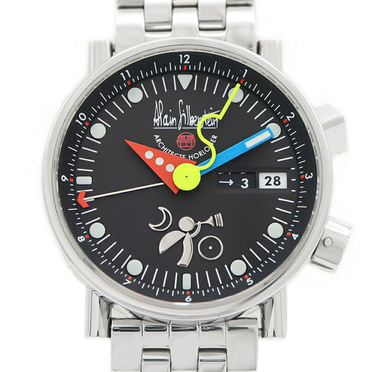 Alain Silberstein アランシルベスタイン ル レヴェイユ GMT 世界500本限定 デイト アラーム 100m防水 黒 ブラック SS ステンレス メンズ 自動巻き【6ヶ月保証】【腕時計】【中古】