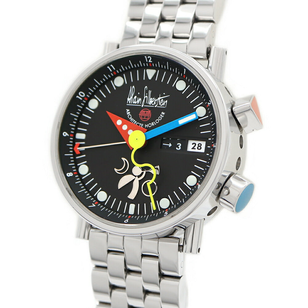 Alain Silberstein アランシルベスタイン ル レヴェイユ GMT 世界500本限定 デイト アラーム 100m防水 黒 ブラック SS ステンレス メンズ 自動巻き【6ヶ月保証】【腕時計】【中古】