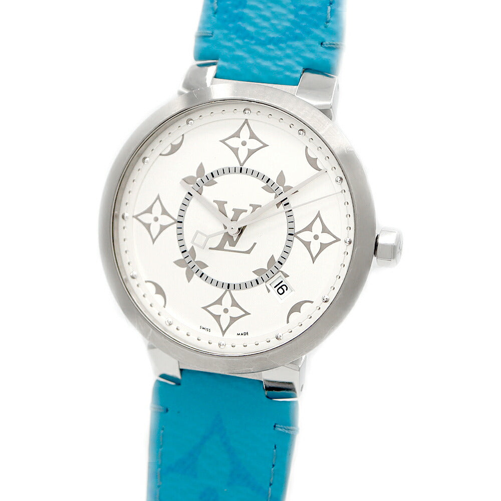 電池交換済 LOUIS VUITTON ルイヴィトン マイ LV タンブール モノグラム QA120Z デイト 50m防水 白 ホワイト SS ステンレス 純正ベルト 純正尾錠 メンズ クォーツ【6ヶ月保証】【腕時計】【中古】