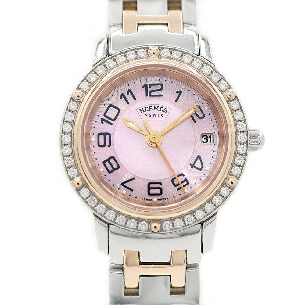 Battery replaced HERMES Clipper Diamond Bezel CP1.222 Diamond Date Pink Shell PGP Pink Gold SS Stainless Steel Combi Ladies Quartz [6 Month Warranty] [Watch] [Used]