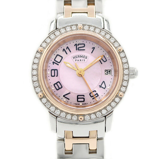 Battery replaced HERMES Clipper Diamond Bezel CP1.222 Diamond Date Pink Shell PGP Pink Gold SS Stainless Steel Combi Ladies Quartz [6 Month Warranty] [Watch] [Used]