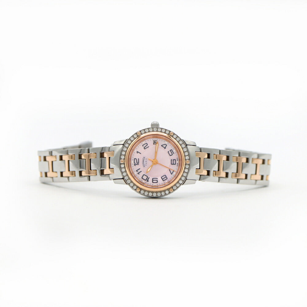 Battery replaced HERMES Clipper Diamond Bezel CP1.222 Diamond Date Pink Shell PGP Pink Gold SS Stainless Steel Combi Ladies Quartz [6 Month Warranty] [Watch] [Used]