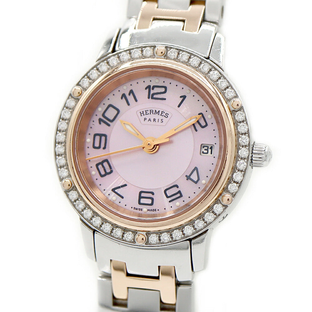 Battery replaced HERMES Clipper Diamond Bezel CP1.222 Diamond Date Pink Shell PGP Pink Gold SS Stainless Steel Combi Ladies Quartz [6 Month Warranty] [Watch] [Used]