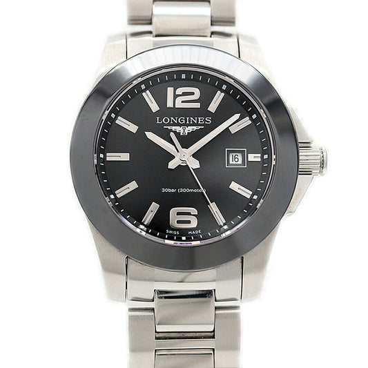 電池交換済 LONGINES ロンジン コンクエスト L3.257.4 300m防水 デイト 黒 ブラック SS ステンレス レディース クォーツ【6ヶ月保証】【腕時計】【中古】