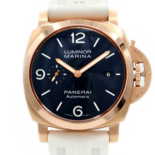 Internally inspected PANERAI Luminor Marina Gold Tech PAM01112 Date 50m waterproof Back skid Blue K18 Genuine belt Genuine buckle Men's Automatic winding [6 months warranty] [Watch] [Used]