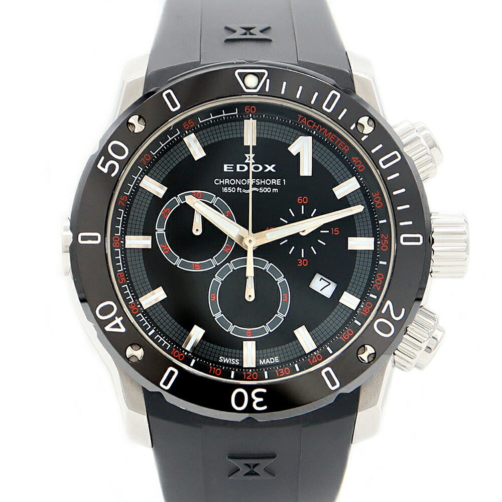 Battery replaced EDOX Chrono Offshore 1 Chronograph 10221 C0-1 Date 500m Water Resistant Black SS Stainless Steel Genuine Belt Genuine Buckle Men's Quartz [6 Month Warranty] [Watch] [Used]