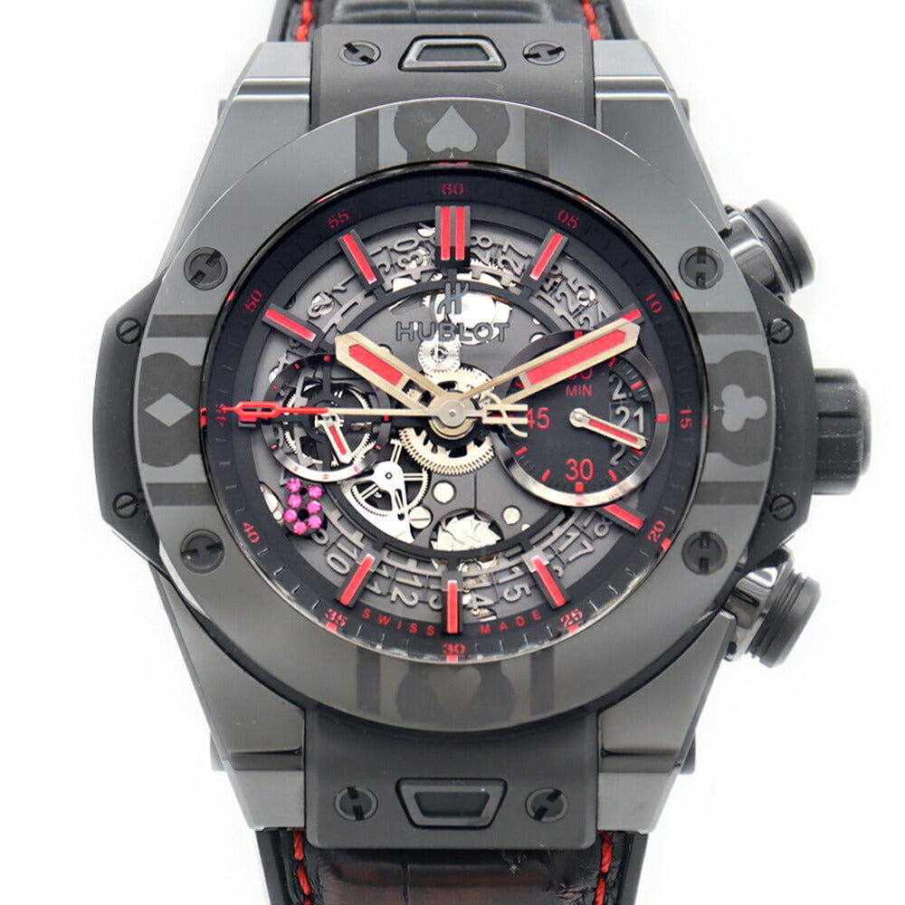 内部点検済 HUBLOT ウブロ ウニコ ワールドポーカーツアー オールブラック 世界188本限定 411.CX.1113.LR.WPT17 クロノグラフ 100m防水 裏スケ デイト スケルトン CE セラミック Ti チタン 純正ベルト 純正尾錠 メンズ 自動巻き【6ヶ月保証】【腕時計】【中古】