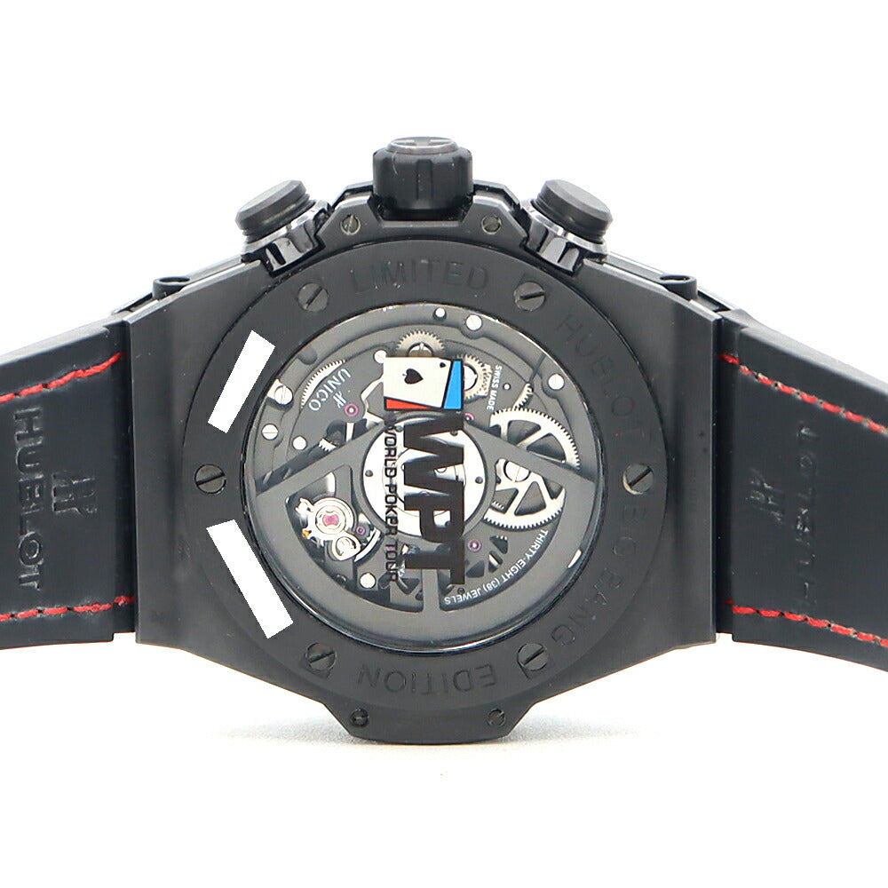 内部点検済 HUBLOT ウブロ ウニコ ワールドポーカーツアー オールブラック 世界188本限定 411.CX.1113.LR.WPT17 クロノグラフ 100m防水 裏スケ デイト スケルトン CE セラミック Ti チタン 純正ベルト 純正尾錠 メンズ 自動巻き【6ヶ月保証】【腕時計】【中古】