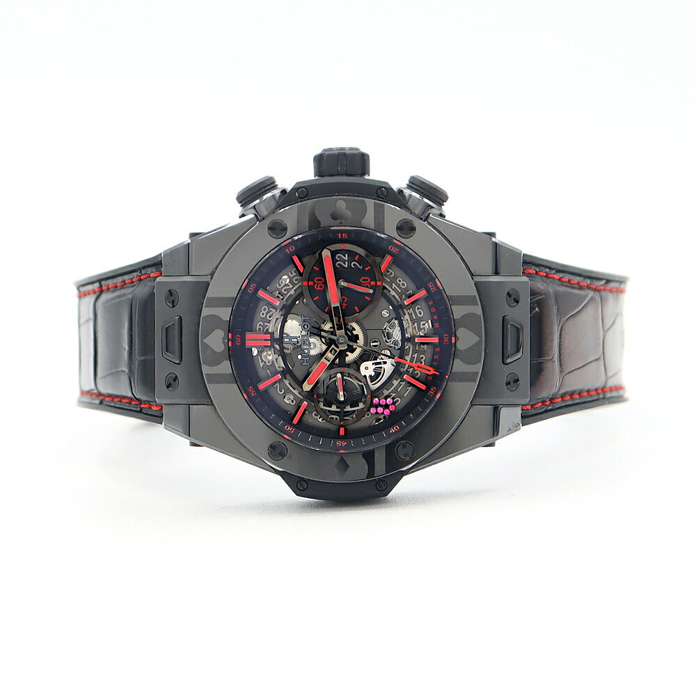 内部点検済 HUBLOT ウブロ ウニコ ワールドポーカーツアー オールブラック 世界188本限定 411.CX.1113.LR.WPT17 クロノグラフ 100m防水 裏スケ デイト スケルトン CE セラミック Ti チタン 純正ベルト 純正尾錠 メンズ 自動巻き【6ヶ月保証】【腕時計】【中古】