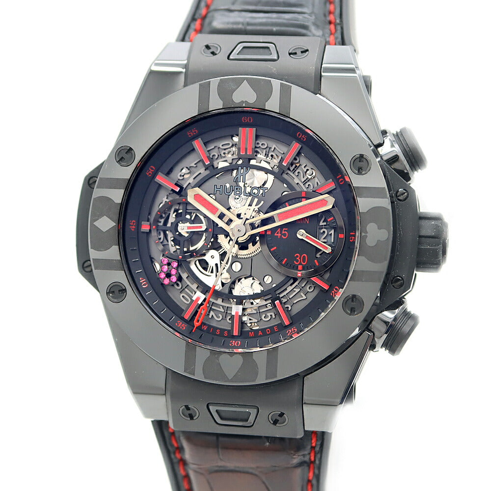 内部点検済 HUBLOT ウブロ ウニコ ワールドポーカーツアー オールブラック 世界188本限定 411.CX.1113.LR.WPT17 クロノグラフ 100m防水 裏スケ デイト スケルトン CE セラミック Ti チタン 純正ベルト 純正尾錠 メンズ 自動巻き【6ヶ月保証】【腕時計】【中古】