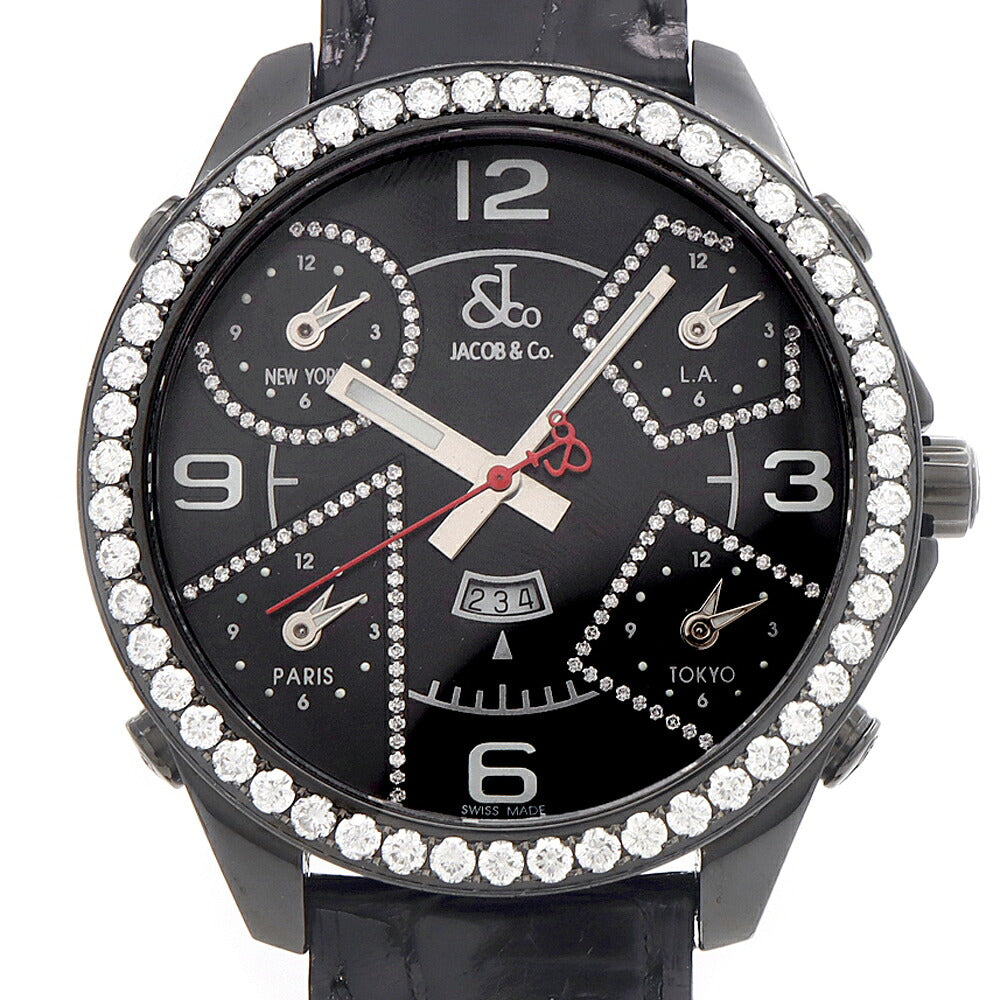 電池交換済 JACOB&Co. ジェイコブ ファイブタイムゾーン ダイヤベゼル JC-2BCDAD ダイヤモンド デイト 黒 ブラック SS ステンレス 純正尾錠 純正ベルト メンズ クォーツ 5タイム【6ヶ月保証】【腕時計】【中古】