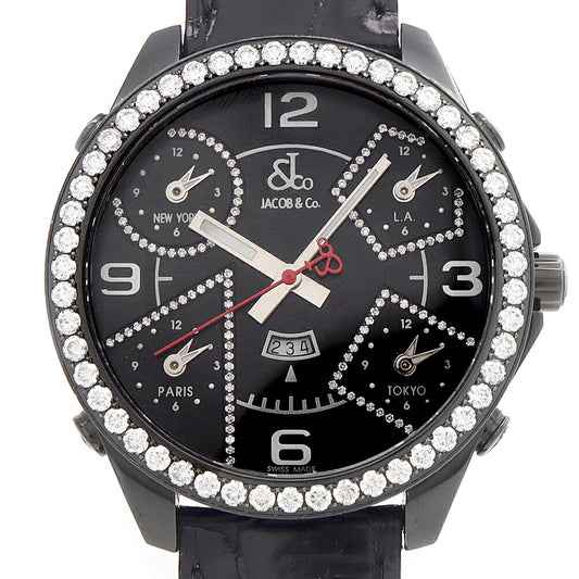 電池交換済 JACOB&Co. ジェイコブ ファイブタイムゾーン ダイヤベゼル JC-2BCDAD ダイヤモンド デイト 黒 ブラック SS ステンレス 純正尾錠 純正ベルト メンズ クォーツ 5タイム【6ヶ月保証】【腕時計】【中古】