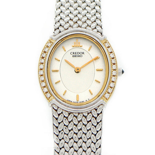 Battery replaced SEIKO Credor Diamond Bezel 5A70-3000 Diamond White White Shell K18YG Yellow Gold SS Stainless Steel Combi Ladies Quartz [6 Month Warranty] [Watch] [Used]