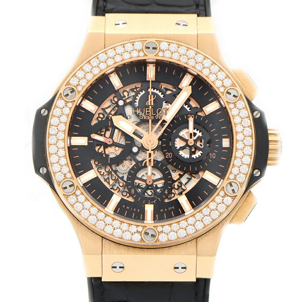 HUBLOT ウブロ ビッグバン アエロバン キングゴールド ダイヤモンド 311.PX.1180.GR.1104 純正ダイヤベゼル クロノグラフ デイト 裏スケ 黒 ブラック スケルトン K18KG Ti チタン 純正ベルト 純正尾錠 メンズ 自動巻き【6ヶ月保証】【腕時計】【中古】