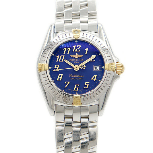 Battery replaced BREITLING Calistino Bicolo B52345 Date 100m waterproof blue YG yellow gold SS stainless steel combination quartz ladies [6 month warranty] [watch] [used]