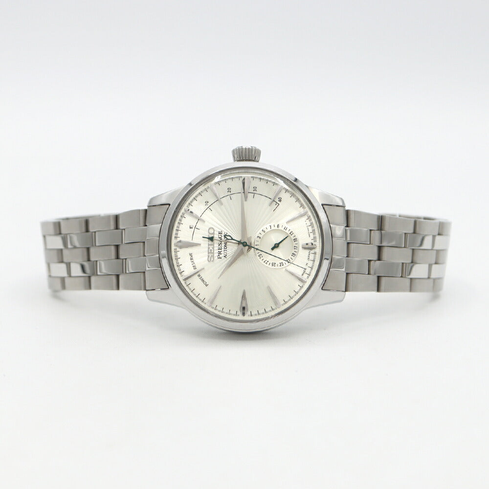 内部点検済 SEIKO セイコー プレザージュ 4R57-00E0 デイト パワーリザーブ 裏スケ シルバー SS ステンレス メンズ 自動巻き【6ヶ月保証】【腕時計】【中古】